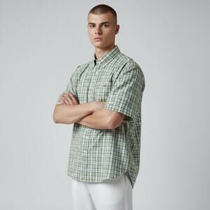 LL Bean Gorpcore Green Plaid Stretch Chambray Short Sleeve Stretch Shirt - Large